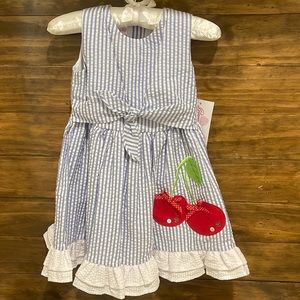 NWT Bonnie Jean Blue and White Seersucker dress with red cherry detail